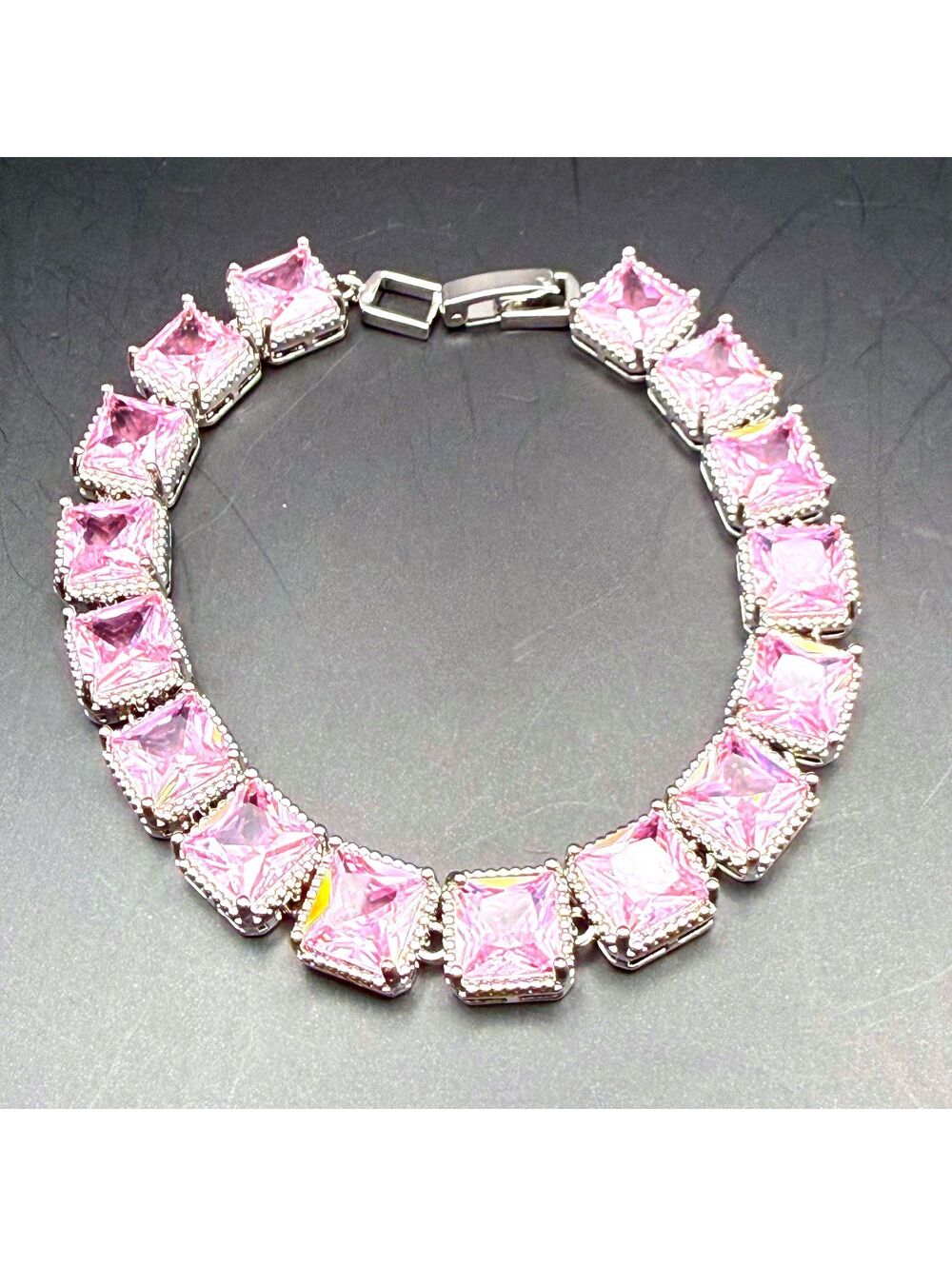 candy+clover elite pink square crystal 14k white gold plated bracelet